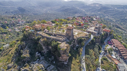 Drone aerial view on with ruins of Kruje castle in Albania