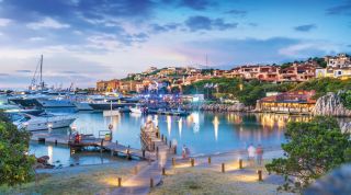 View of harbor and village Porto Cervo, Sardinia island, Italy