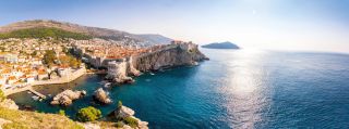 View from Fort Lovrijenac to Dubrovnik Old town in Croatia at sunset light